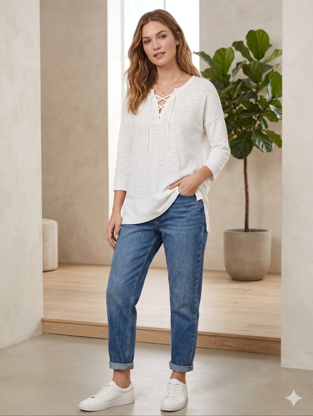 LOFT white knit pullover top featuring a lace-up neckline , 3/4-length sleeves-M